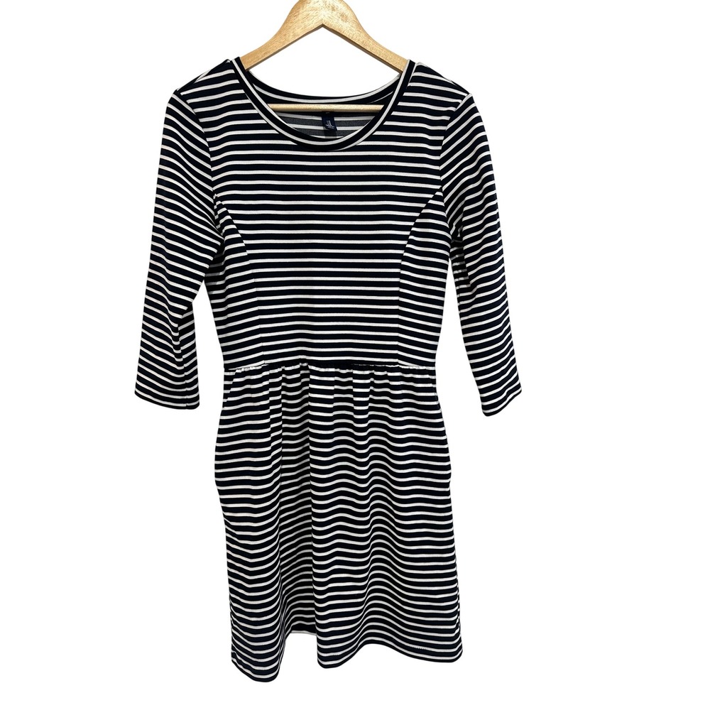 Gap Navy Blue White Striped 3/4 Sleeve Fit and Flare‎ Pocket Dress M Preppy Fall